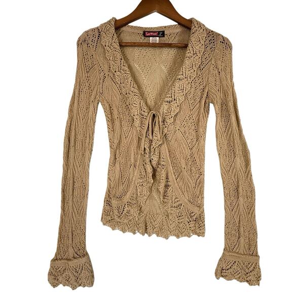 Say What? Sweaters - VTG Y2k Crochet Open Knit Tie Front Cardigan Wrapper SIZE MEDIUM Tan USA Ruffle